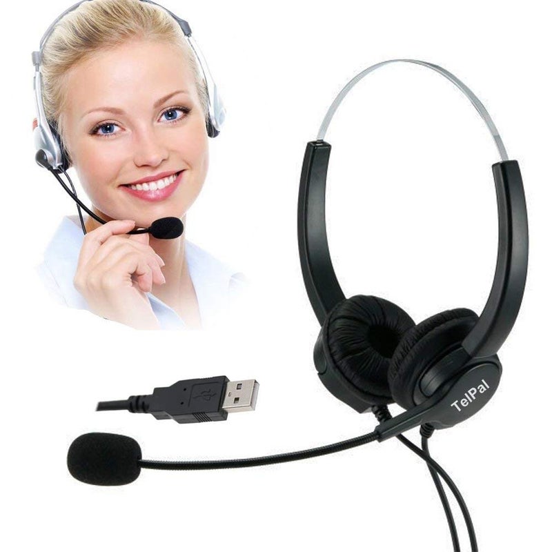 TelPal Corded Hands-Free Call Center Noise Cancelling Binaural USB Headset Headphones with Mic/Microphone - Cord with USB Plug, Volume Control- for Computer/PC/Laptop Use Only - Image 1